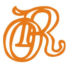 Logotipo com as letras "DR" entrelaçadas em laranja, estilo caligráfico. Fundo branco.