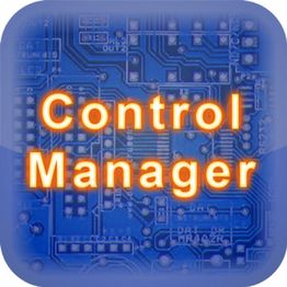 Sfondo blu con circuito stampato e testo arancione "Control Manager".
