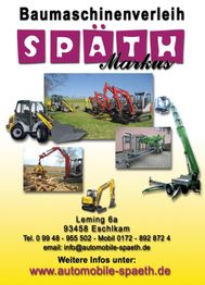 Werbung für Baumaschinenverleih Späth Markus mit Bildern von Baggern und Kontaktinformationen.