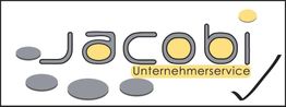 Logo mit Text: "Jacobi Unternehmensservice", graue Kreise und ein Haken.