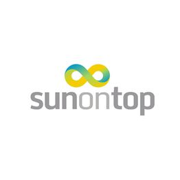 Logotipo de "sunontop" con un símbolo de infinito en colores azul y amarillo encima del texto.