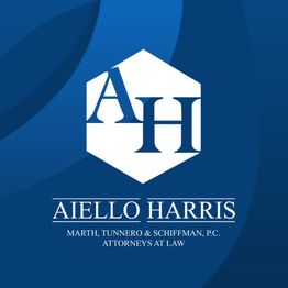 Logo of Aiello Harris law firm with initials "AH" and a hexagon on a blue background.