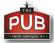Logo: The PUB Pilsner Unique Bar, mit rotem Hintergrund und weißer Schrift.