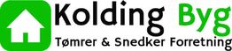 Kolding Byg logo med husikon og teksten "Tømrer & Snedker Forretning" i sort og grøn.