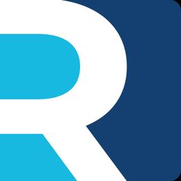 Ein stilisiertes blau-weißes "R" auf dunkelblauem Hintergrund.