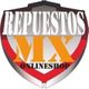 Escudo con texto: "Repuestos MX Onlineshop" en fondo rojo, blanco y gris.
