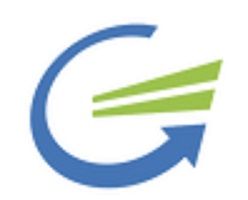 Blue arrow circles green lines, forming a stylized letter "G".