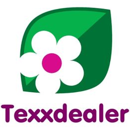 Logo mit grünem Blatt, weißer Blume und pinkem Zentrum, Text "Texxdealer" darunter.