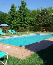 Piscina al aire libre con tumbonas y sombrillas, rodeada de árboles y montañas al fondo.