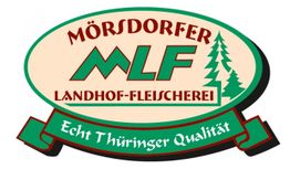 Ovales Logo der Mörsdorfer Landhof-Fleischerei mit Tannenbaum, „Echt Thüringer Qualität“.