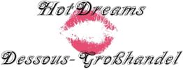 Schriftzug "Hot Dreams Dessous-Großhandel" mit rotem Lippenstiftabdruck im Hintergrund.
