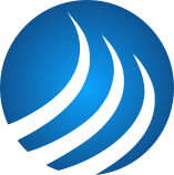 Blaues kugelförmiges Logo mit drei weißen, geschwungenen Linien darauf.