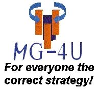 Logo mit MG-4U und Slogan "For everyone the correct strategy!" auf weißem Hintergrund.