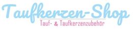 Logo des Taufkerzen-Shops in blauer Schrift, darunter "Tauf- & Taufkerzenzubehör" in Rosa.