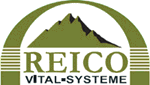 Logo von Reico Vital-Systeme mit einem Bergmotiv in grün und weiß.