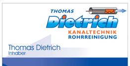 Geschäftslogo von Thomas Dietrich, Kanaltechnik und Rohrreinigung, mit Name und Titel "Inhaber".