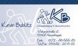 Visitenkarte von Kevin Bublitz, Gebäudereinigung und Hauswartservice, mit Kontaktinformationen.