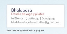 Tarjeta de contacto: Bhalabasa, estudio de yoga y pilates, con teléfonos y correo electrónico.