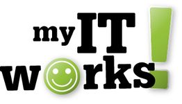Logo mit Text "my IT works!" und grünem Smiley-Gesicht als "o".