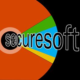 Logo mit Text "Securesoft" vor einem Hintergrund aus Kreissegmenten in Orange, Grün und Blau.
