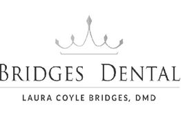 Logo of Bridges Dental with a crown design, featuring Laura Coyle Bridges, DMD.