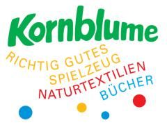 Logo "Kornblume" mit bunten Punkten, Text: "Richtig gutes Spielzeug, Naturtextilien, Bücher".