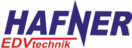 Logo mit Text "HAFNER EDVtechnik" in blauer und roter Schrift, dazwischen ein stilisierter Blitz.