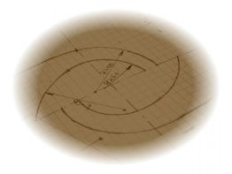 Skizze eines geometrischen Entwurfs auf Millimeterpapier mit diversen Maßeinheiten und Winkeln.