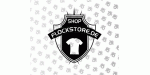 Schwarz-weißes Logo mit einem T-Shirt in einem Schild, Text: "Shop Flockstore.de".