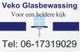 Bord met tekst: "Veko Glasbewassing, Voor een heldere kijk", telefoonnummer en raamtrekker afbeelding.