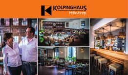 Kolpinghaus Höntrop Restaurant: fröhliches Paar, Esstische, gemütliche Bar mit Hockern.