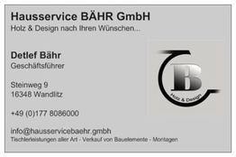 Visitenkarte von Hausservice BÄHR GmbH mit Kontaktdaten und Logo.