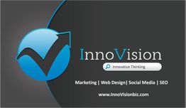 Blue check mark logo with "InnoVision" text, "Innovative Thinking," marketing services listed below.