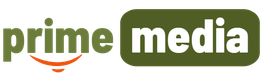 Logo met de tekst "prime media" in groene en witte letters met oranje boog eronder.