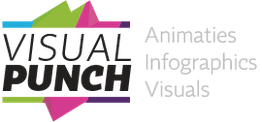 Logo van Visual Punch met kleurrijke vormen. Tekst: "Art. Infographics. Visuals." in grijs.