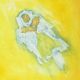 Abstrakte Figur in Blau und Weiß auf gelbem Hintergrund, umhüllt von einem goldenen Akzent.