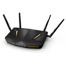 Black Zyxel router with four antennas and yellow accents on a white background.