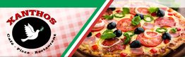 Logo og pizza med tomat, løg, oliven og jalapeños fra Xanthos café og restaurant.