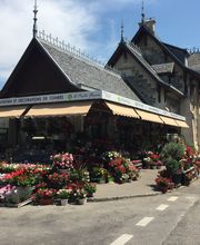 Blumenladen mit farbenfrohen Pflanzen vor historischer Architektur an einer Straßenecke.