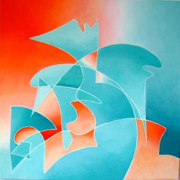 Abstrakte Kunst mit dynamischen Formen in Blau, Orange und Rot, Übergänge sanft verlaufend.