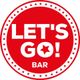Logotipo circular vermelho com texto "LET'S GO! BAR" em branco.