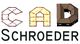 Text: „CAD SCHROEDER“ mit Buchstaben aus technischen Zeichnungen und 3D-Objekten.