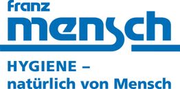 Blaues Logo mit Schriftzügen "franz mensch" und "HYGIENE – natürlich von Mensch".