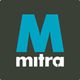 Logo van Mitra met een blauwe "M" boven een witte tekst op een donkere achtergrond.