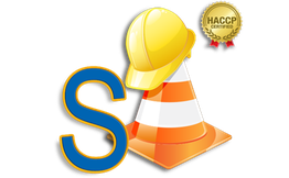 Lettera "S", elmetto giallo, conetto stradale, certificato HACCP.