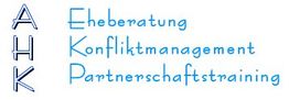 Text: "AHK Eheberatung, Konfliktmanagement, Partnerschaftstraining" in blau auf weißem Hintergrund.