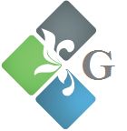 Logo mit drei quadratischen Feldern in Grau, Grün, Blau und stilisiertem Blatt, Buchstabe "G".