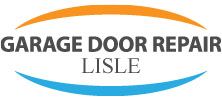Logo with text "Garage Door Repair Lisle" between orange and blue arcs.