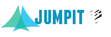 Blue and black "JUMPIT" logo with abstract wing design on a teal and blue background.