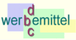 Textbild: "werbemittel" mit farbigen Buchstaben "d", "b", "c" auf pastellfarbenen Hintergründen.